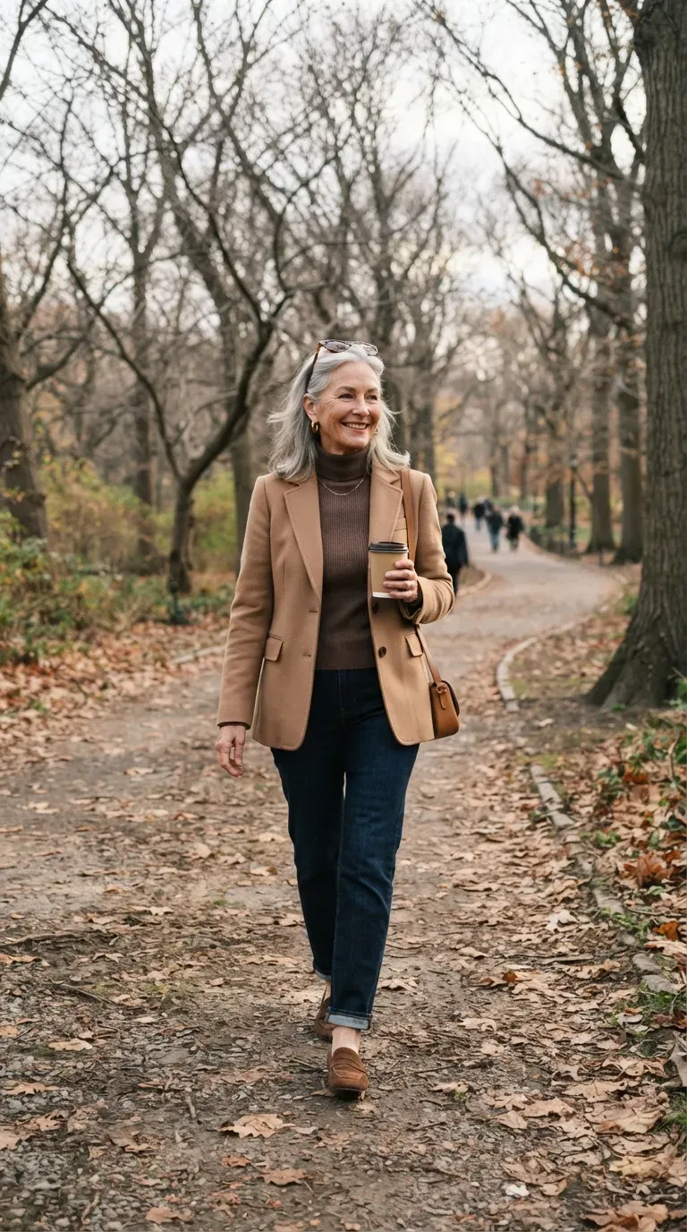 Woman over 50 in camel blazer, brown turtleneck and dark jeans on a park path
