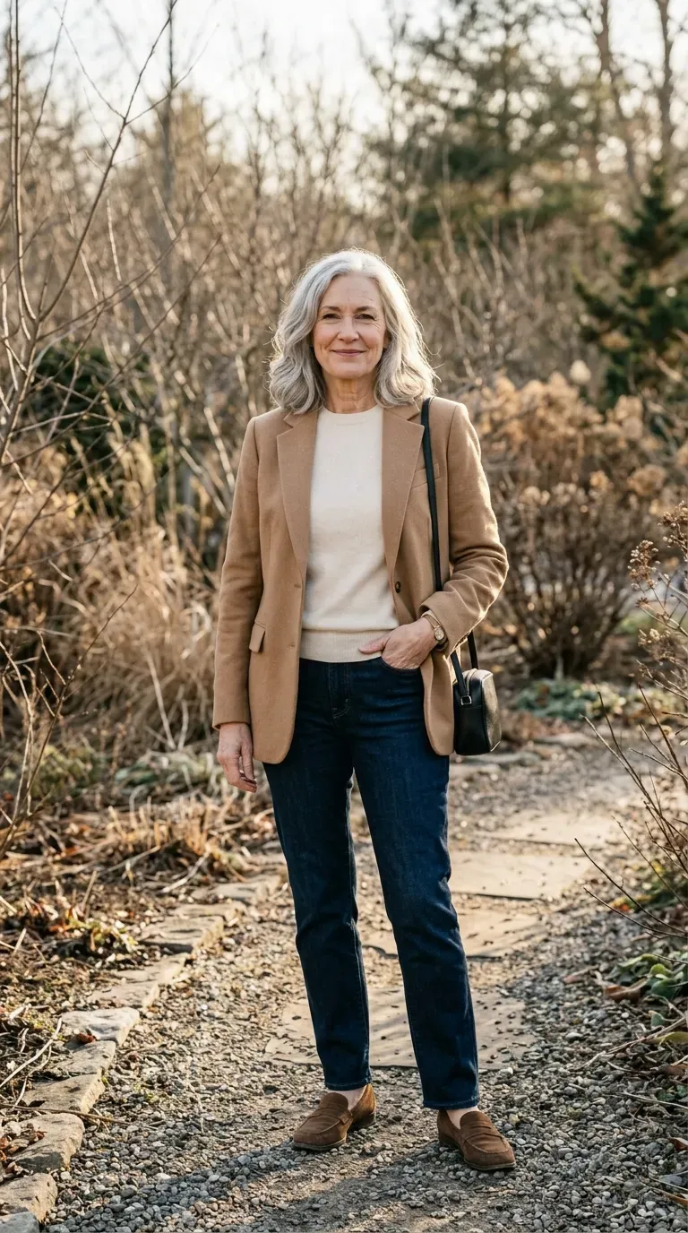 Woman over 50 in camel blazer, cream knit and dark jeans for a Christmas card photo