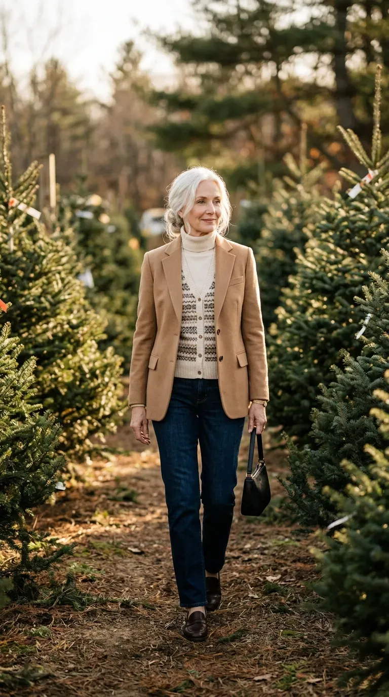 Woman over 50 in camel blazer, Fair Isle vest and dark jeans at a Christmas tree farm