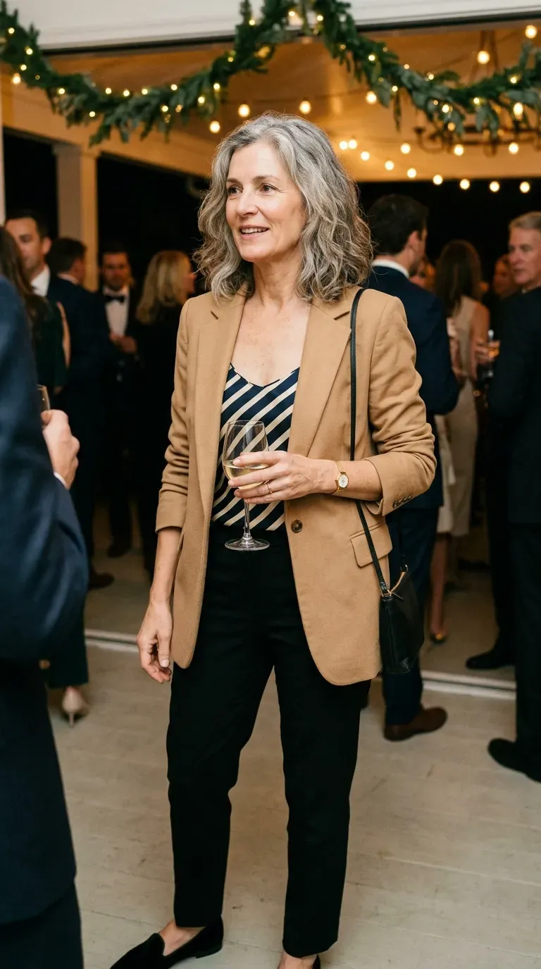 Woman over 50 in camel blazer, striped camisole and black trousers at a party