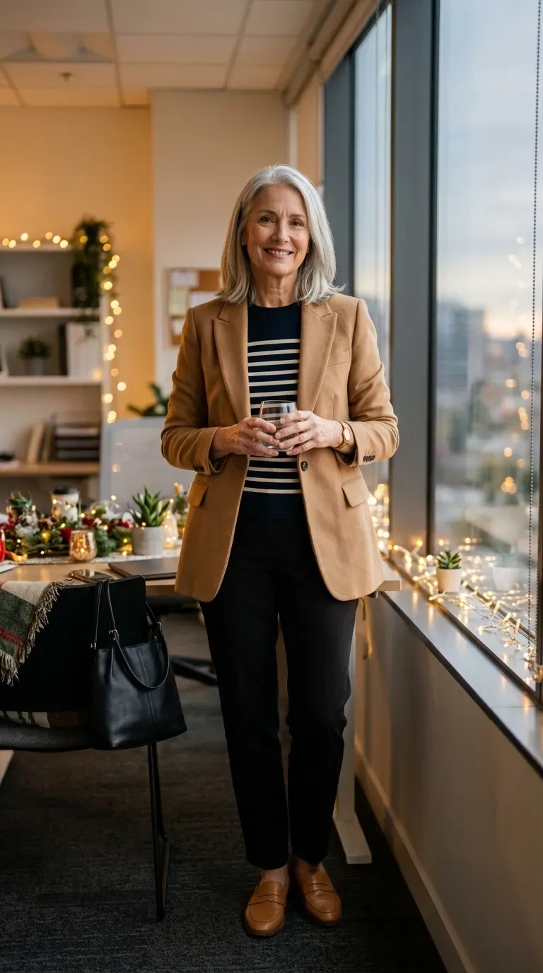 Woman over 50 in camel blazer, striped knit and black trousers at a work party