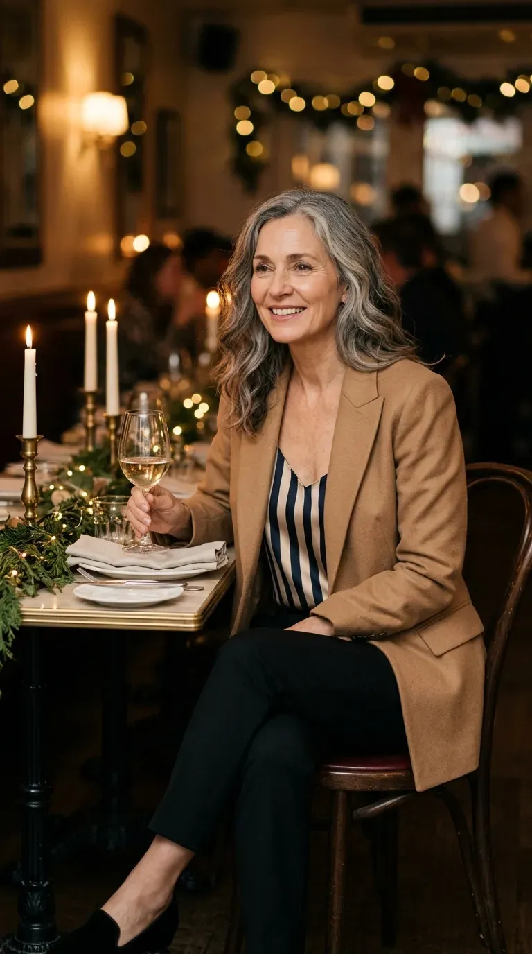 Woman over 50 in camel blazer, striped silk cami and black trousers at a date night
