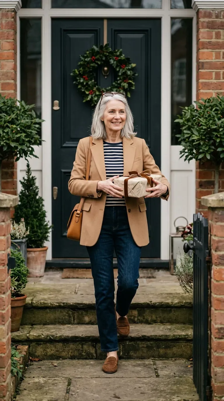 Woman over 50 in camel blazer, striped tee and dark jeans meeting his family at Christmas