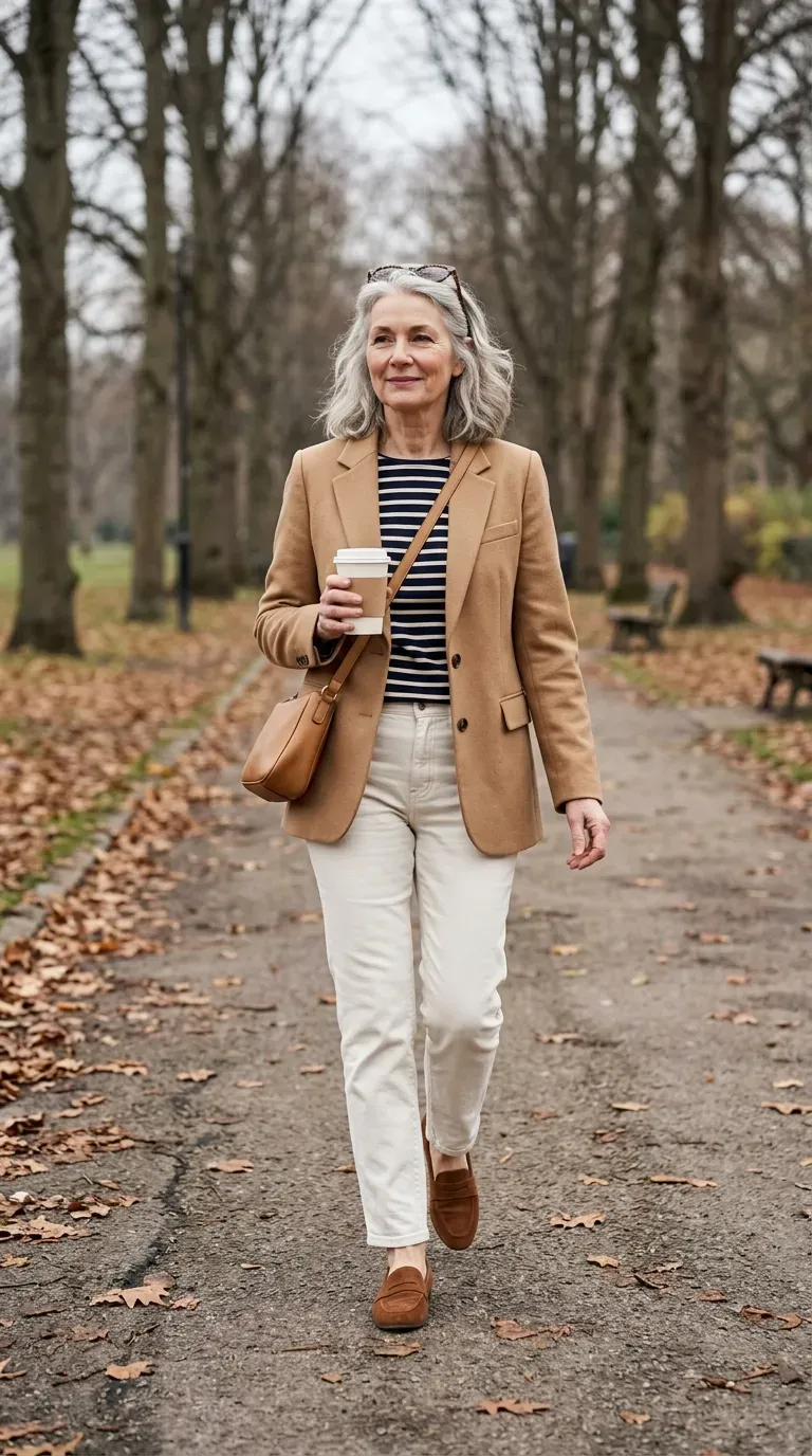 Woman over 50 in camel blazer, striped tee and ecru jeans strolling a park path