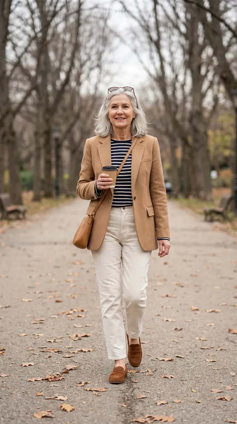 Woman over 50 in camel blazer, striped tee and ecru jeans on a park path