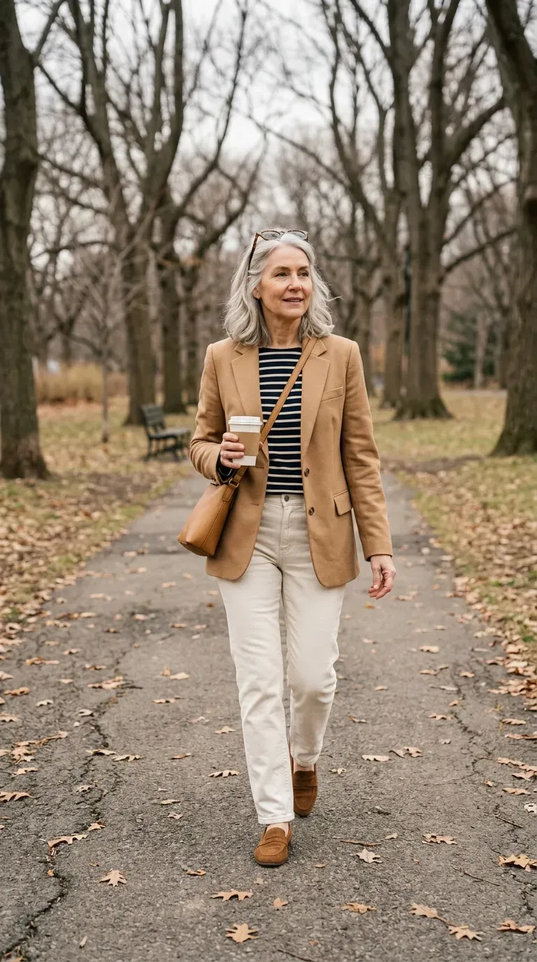 Woman over 50 in camel blazer, striped tee and ecru jeans on a park path