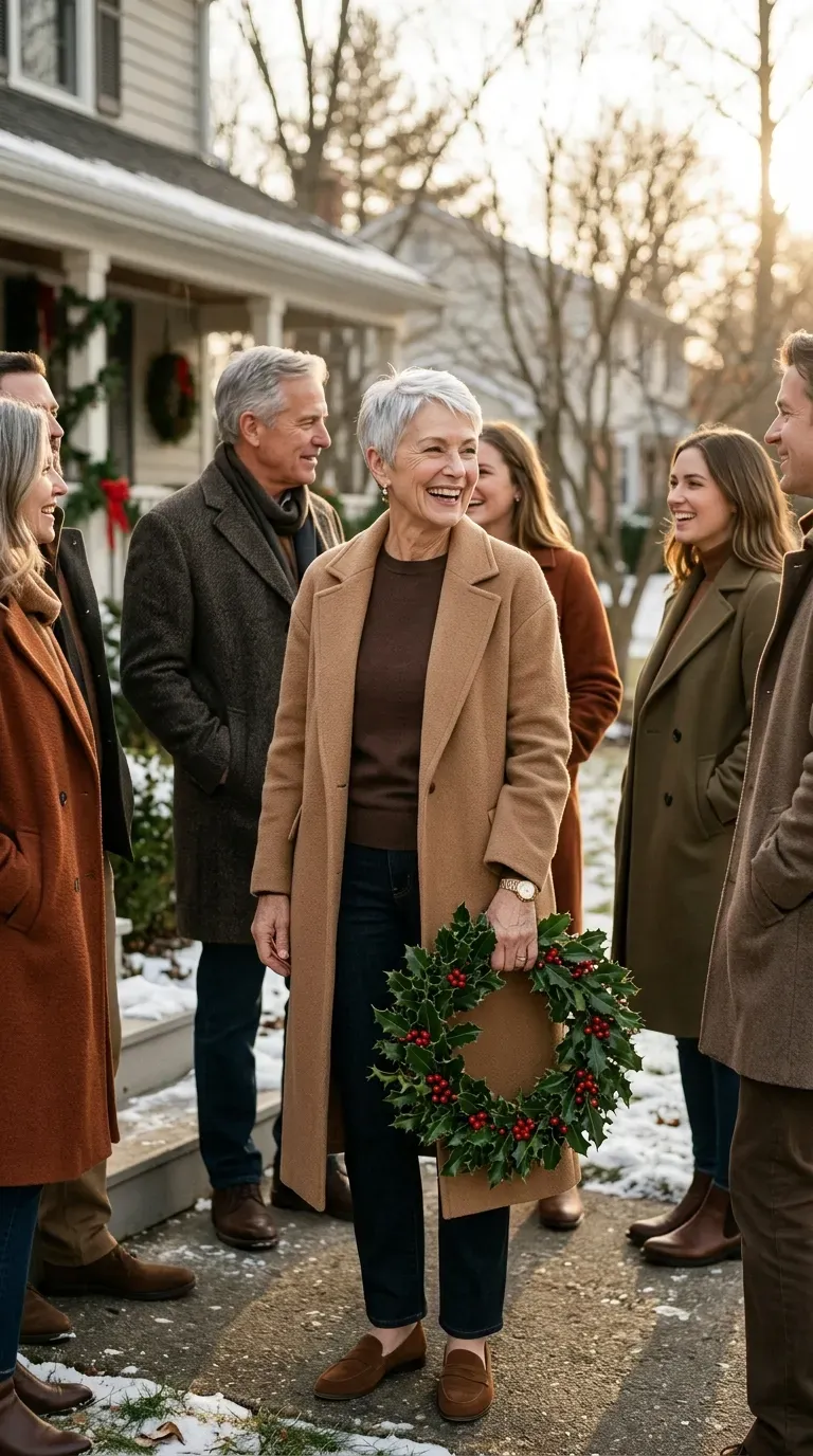 Woman over 50 in camel coat and brown sweater for a coordinated Christmas family photo
