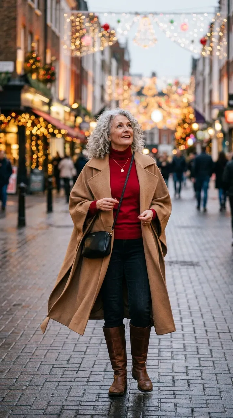 Woman over 50 in camel cape coat, red turtleneck and tall boots at a Christmas lights display