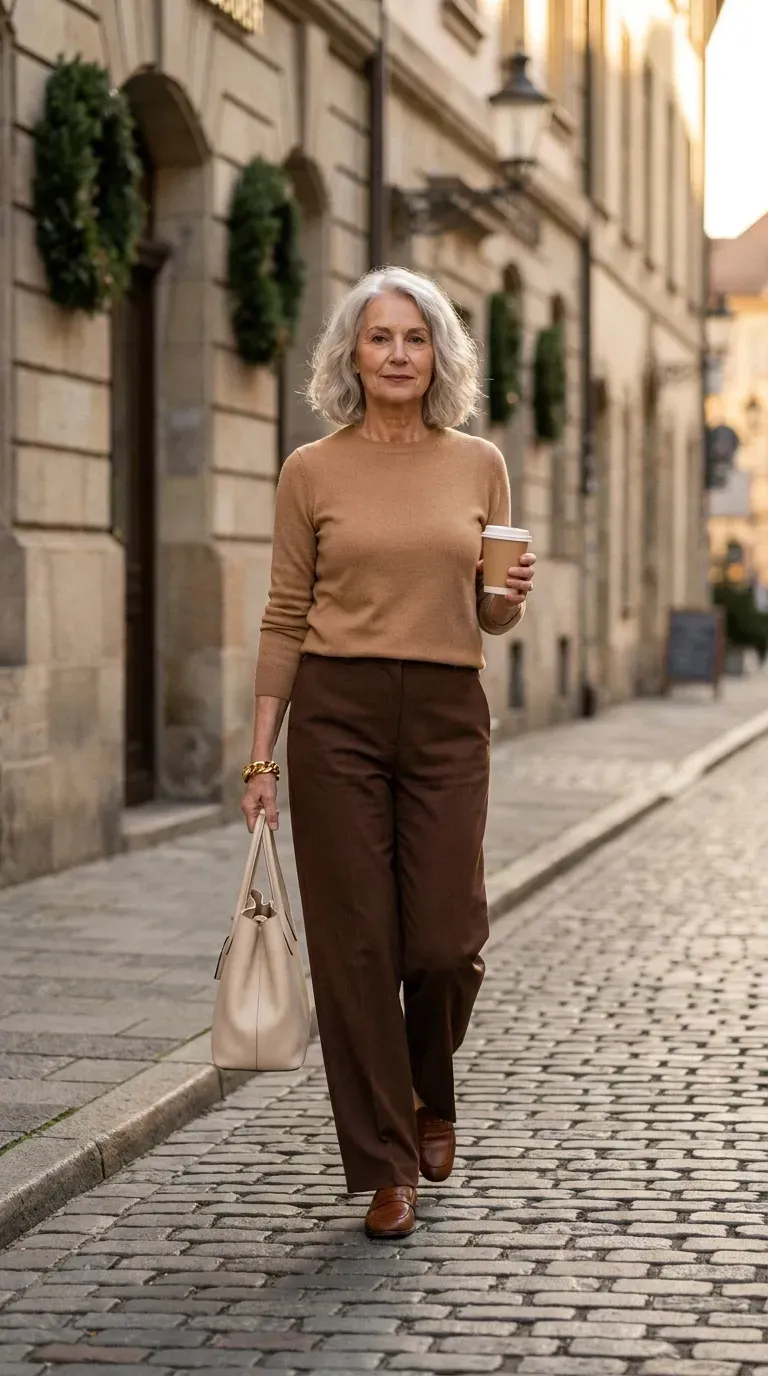 Woman in a camel sweater and chocolate wide-leg trousers walking a cobbled street