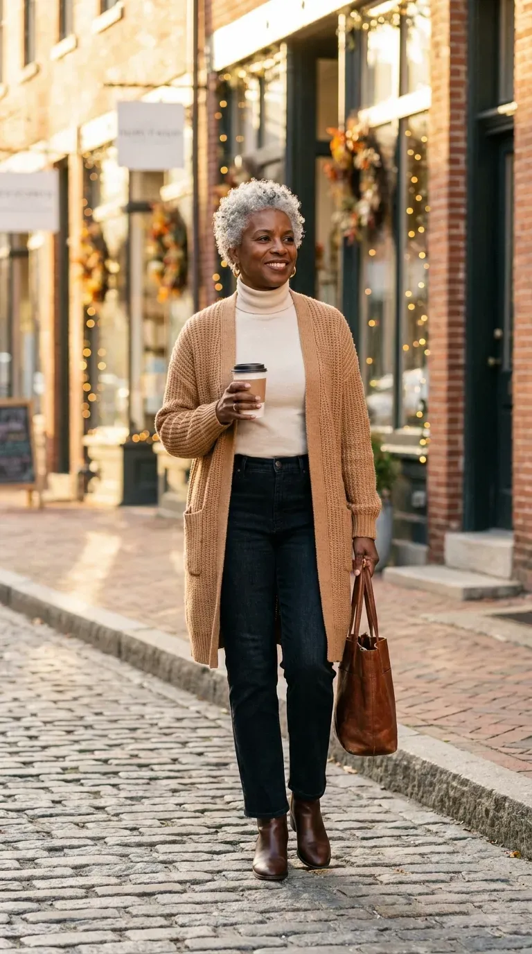 Black woman in a camel chunky cardigan, cream turtleneck and dark jeans on a brick street