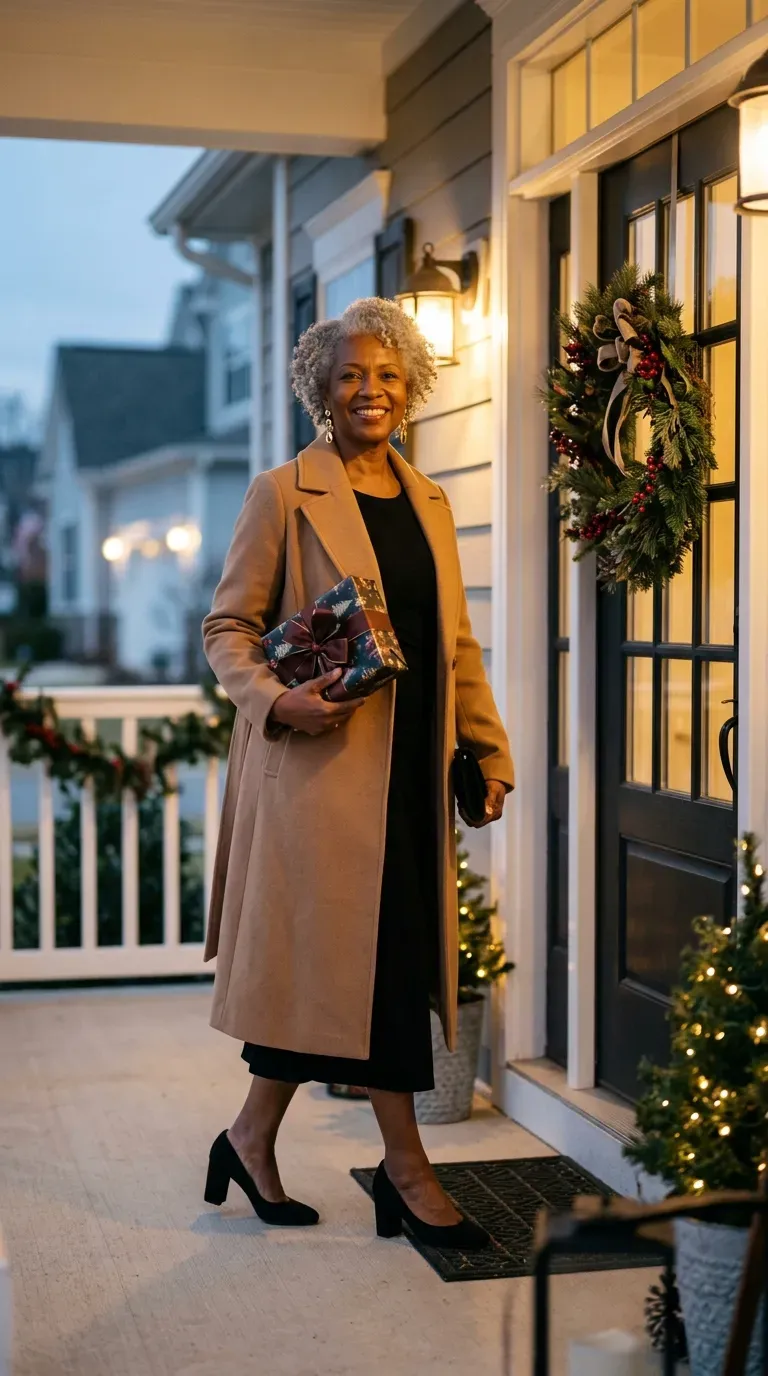 Black woman in a camel coat over a black midi dress arriving at a holiday party