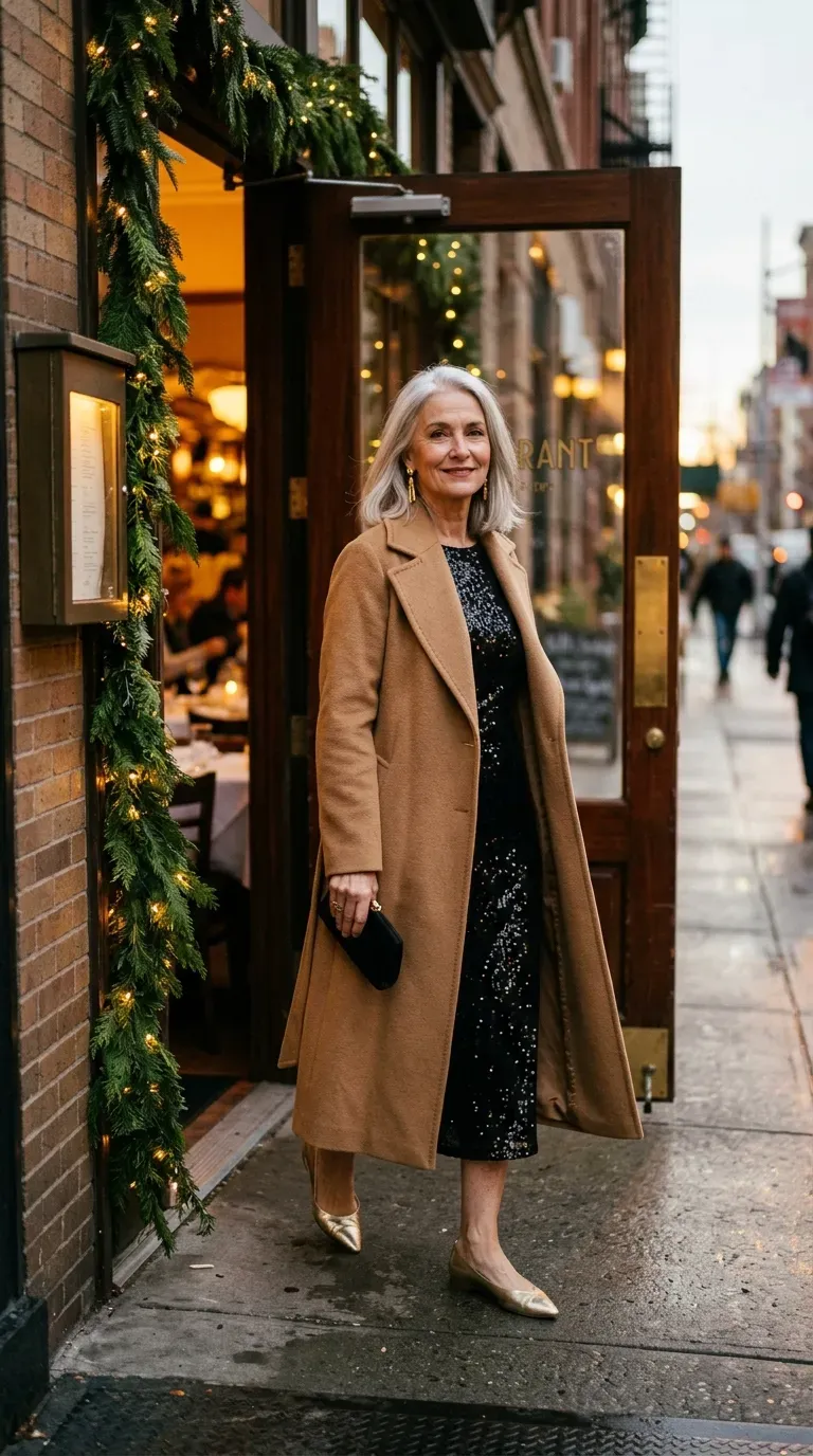 Woman over 50 in camel coat over a black sequin dress arriving at a girls night out