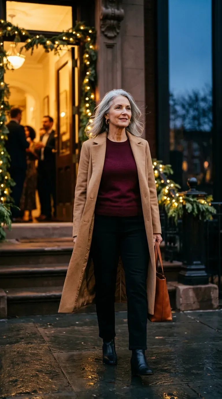 Woman over 50 in camel coat, burgundy knit and black jeans arriving at a party