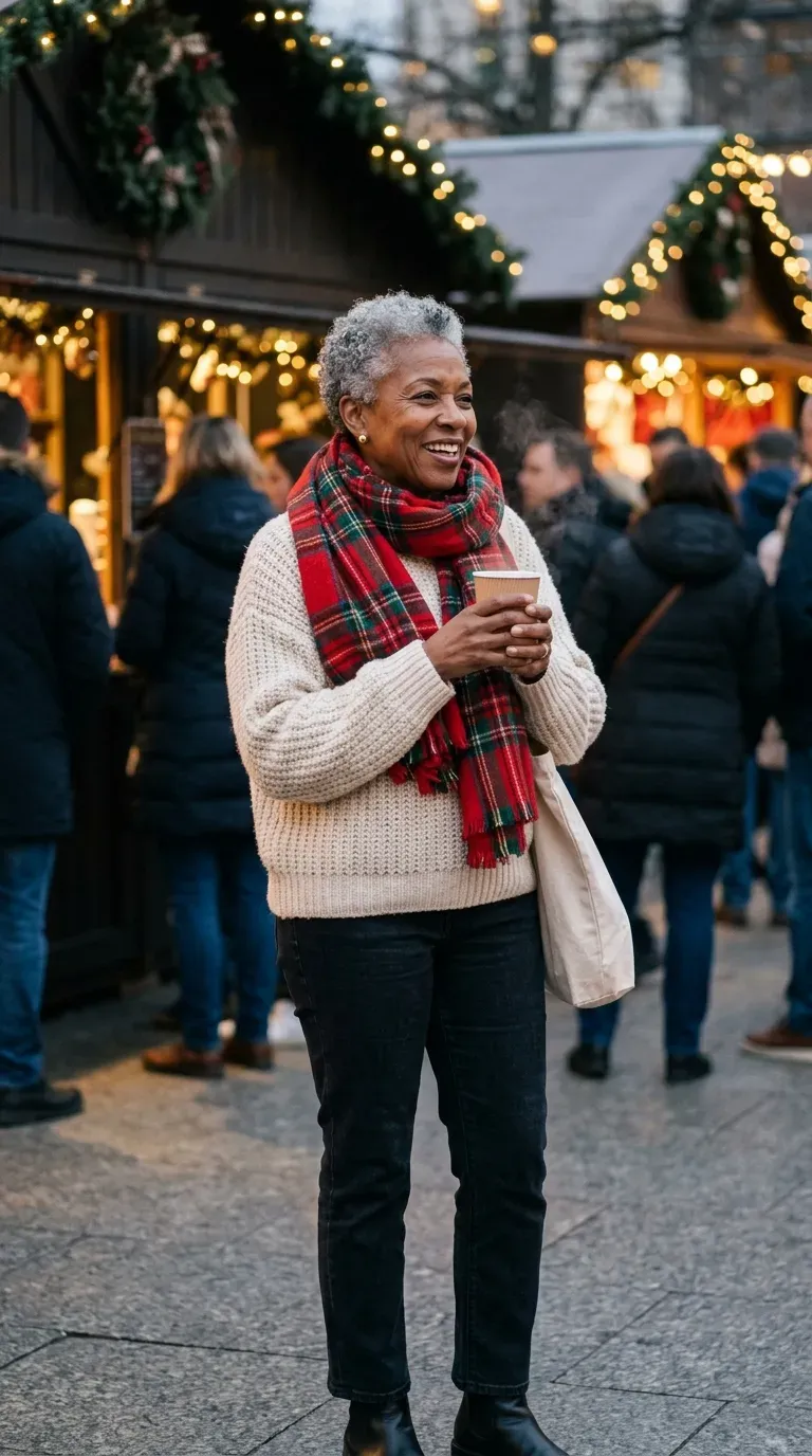 Woman over 50 in camel coat, burgundy knit and knee-high boots at a Christmas market