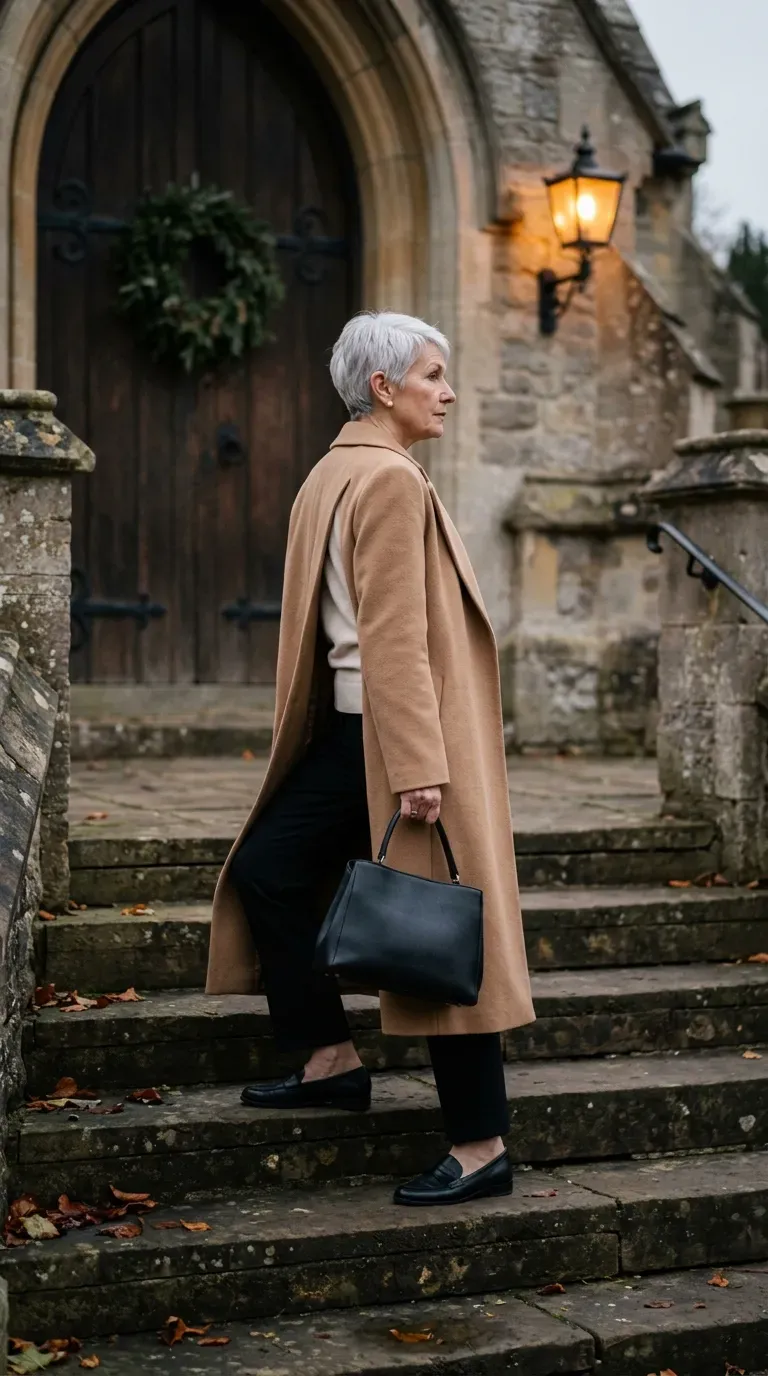 Woman over 50 in camel coat, cream knit and black trousers outside a church