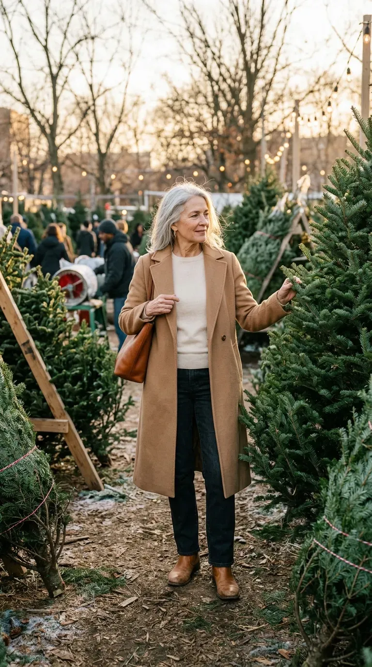 Woman over 50 in camel coat, cream knit and dark jeans at a Christmas tree farm