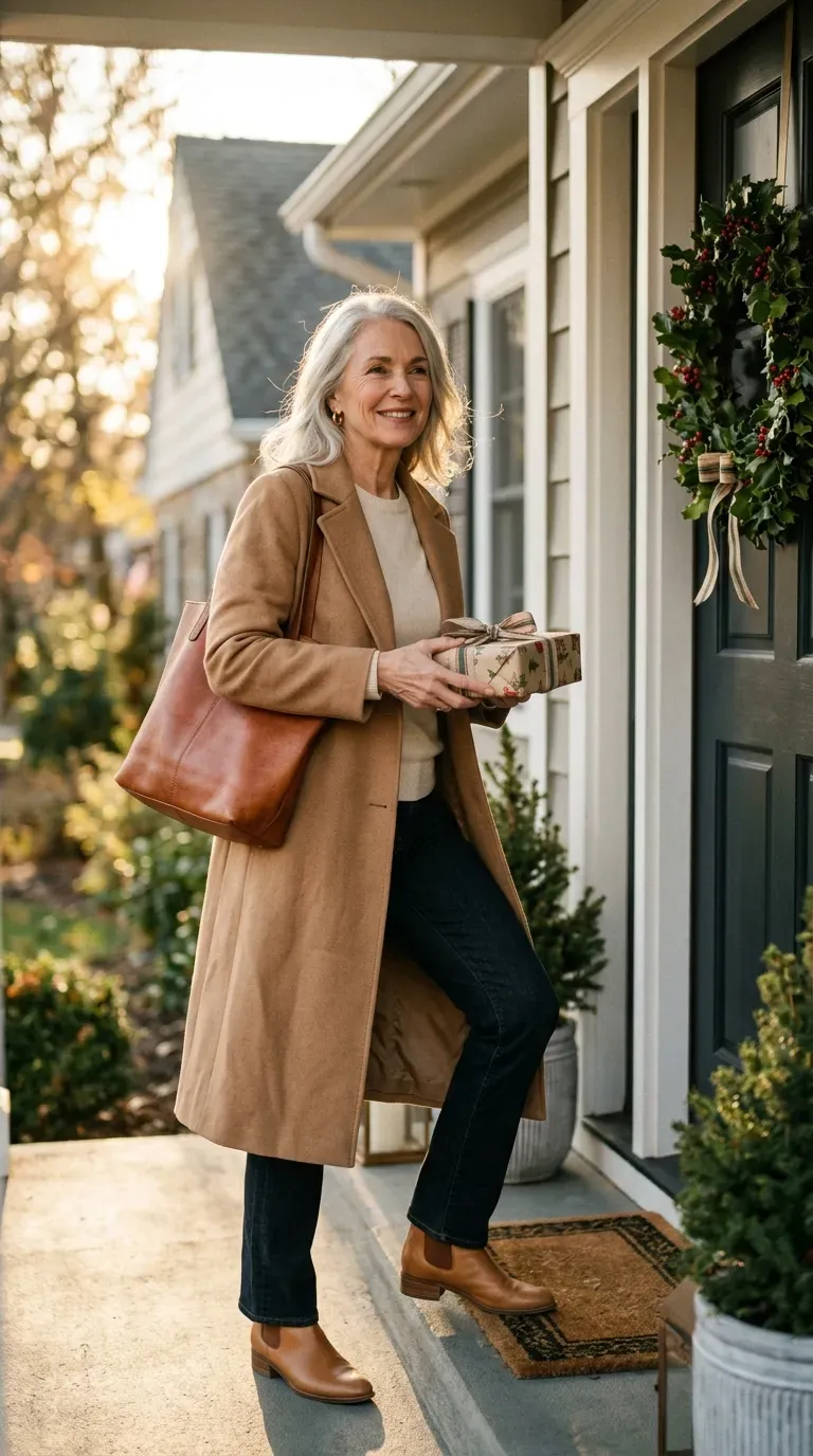 Woman over 50 in camel coat, cream knit and dark jeans arriving to meet his family at Christmas