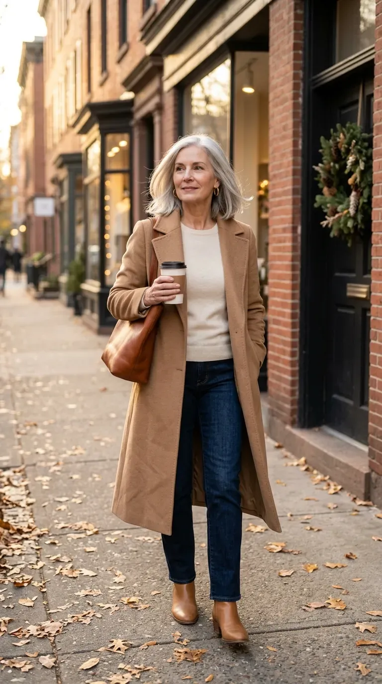 Woman over 50 in camel coat, cream knit and straight jeans walking a leafy street