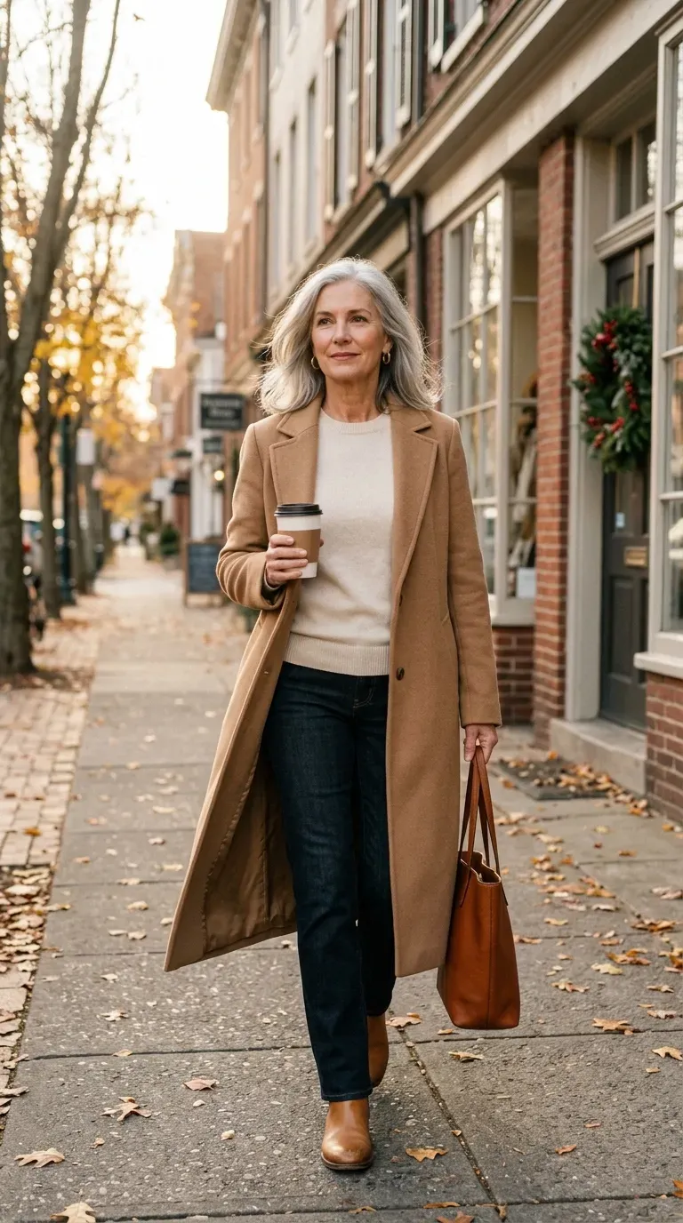 Woman over 50 in camel coat, cream knit and straight jeans walking a leafy street