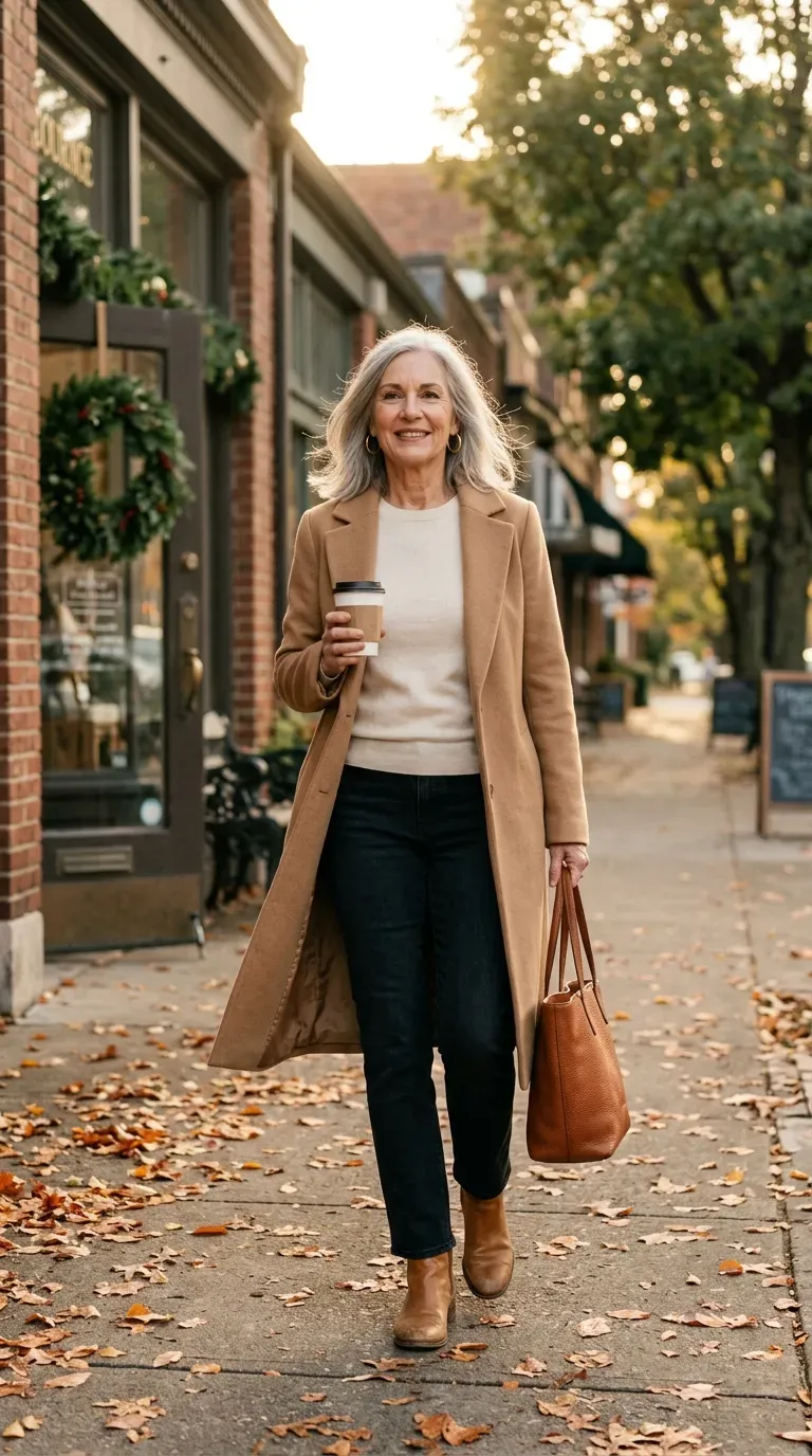 Woman over 50 in camel coat, cream knit and straight jeans walking a leafy street