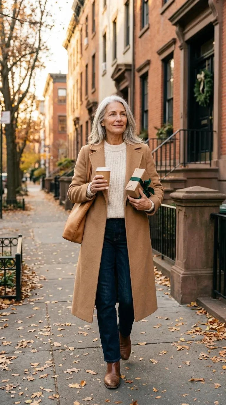 Silver-haired woman in camel wool coat, cream sweater and dark jeans on a leaf-lined street