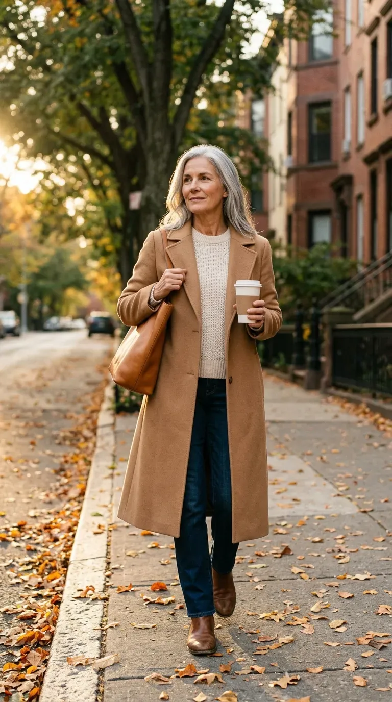 Silver-haired woman in camel wool coat, cream sweater and dark jeans on a leaf-lined street