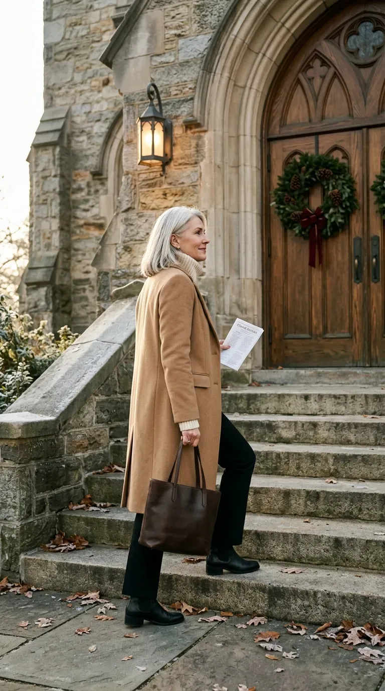 Silver-haired woman in camel coat, cream turtleneck and black trousers outside a stone church