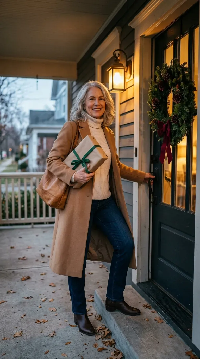 Silver-haired woman in a camel coat, cream turtleneck and dark jeans arriving at a dinner