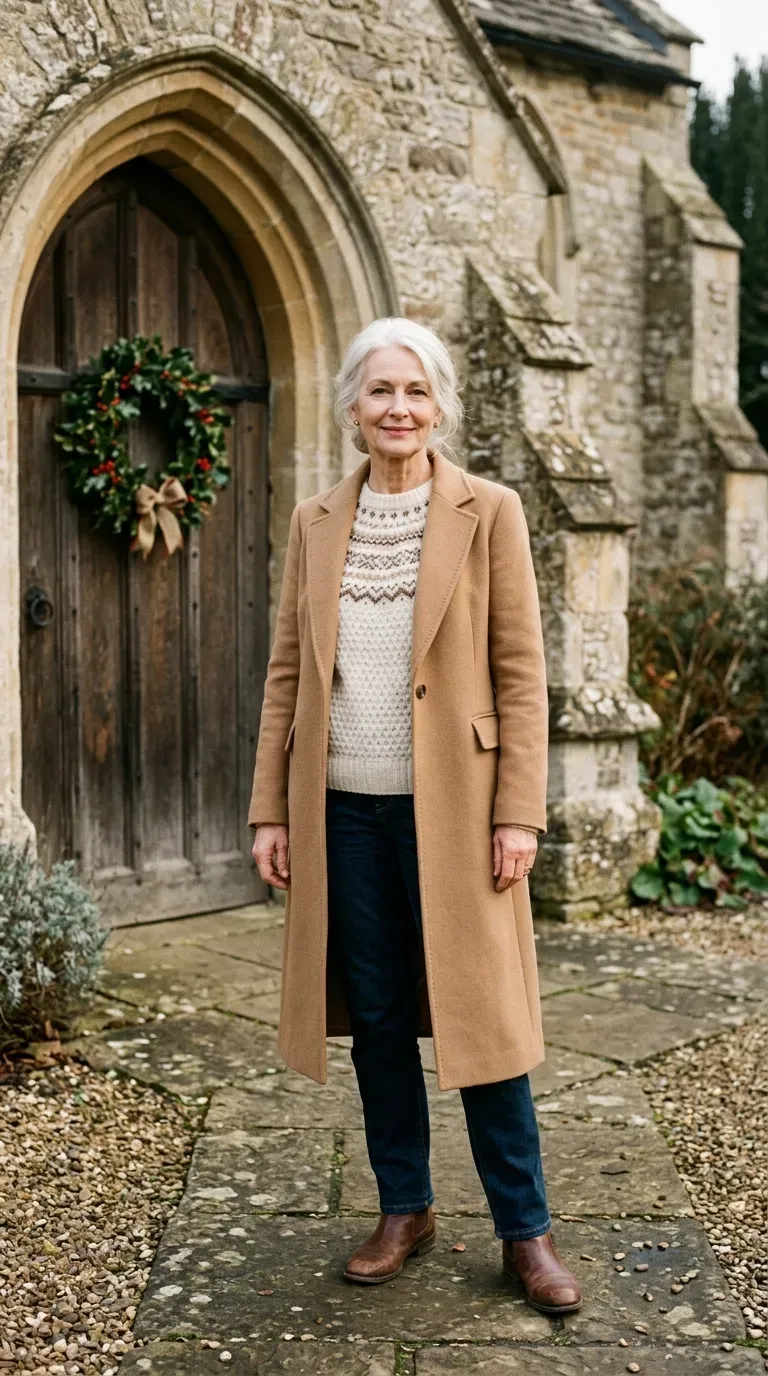 Woman over 50 in camel coat, Fair Isle sweater and dark jeans for a Christmas family photo