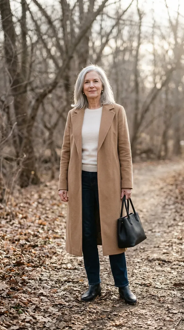 Woman over 50 in camel coat, ivory knit and dark jeans for a Christmas card photo