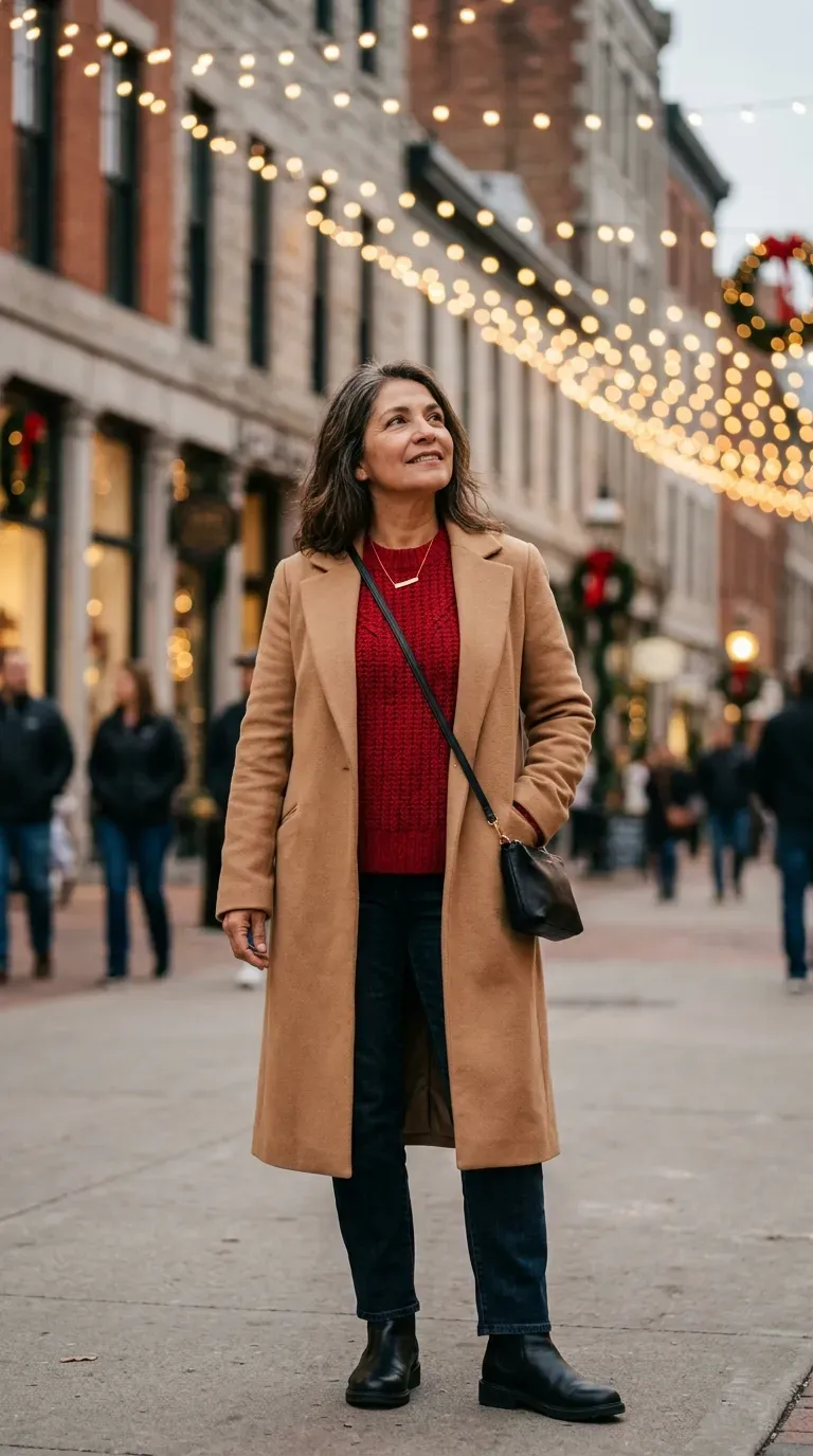 Woman over 50 in camel coat, red knit and Chelsea boots at a Christmas lights display