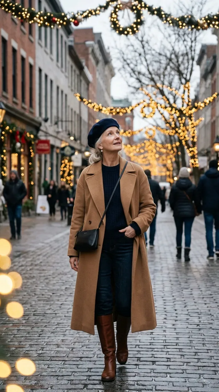 Woman over 50 in camel coat, dark wool beret and long dark knit at a Christmas lights display