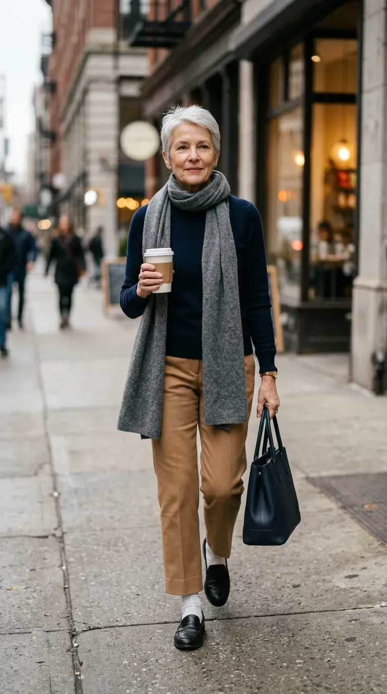 White woman in camel cropped trousers and a navy knit walking a city street with coffee