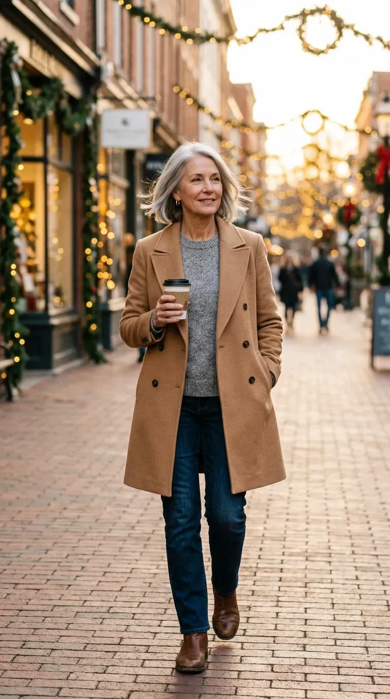 Woman over 50 in camel coat, gray knit and straight jeans on festive street