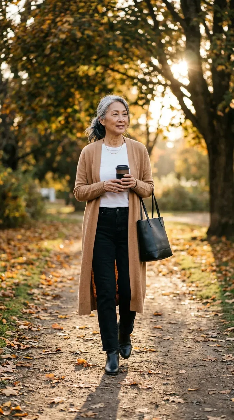 Asian woman in a camel duster cardigan, white tee and black jeans walking in an autumn park