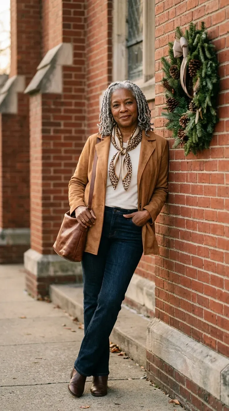 Black woman in camel faux suede jacket, ivory tee and jeans leaning on a church brick wall