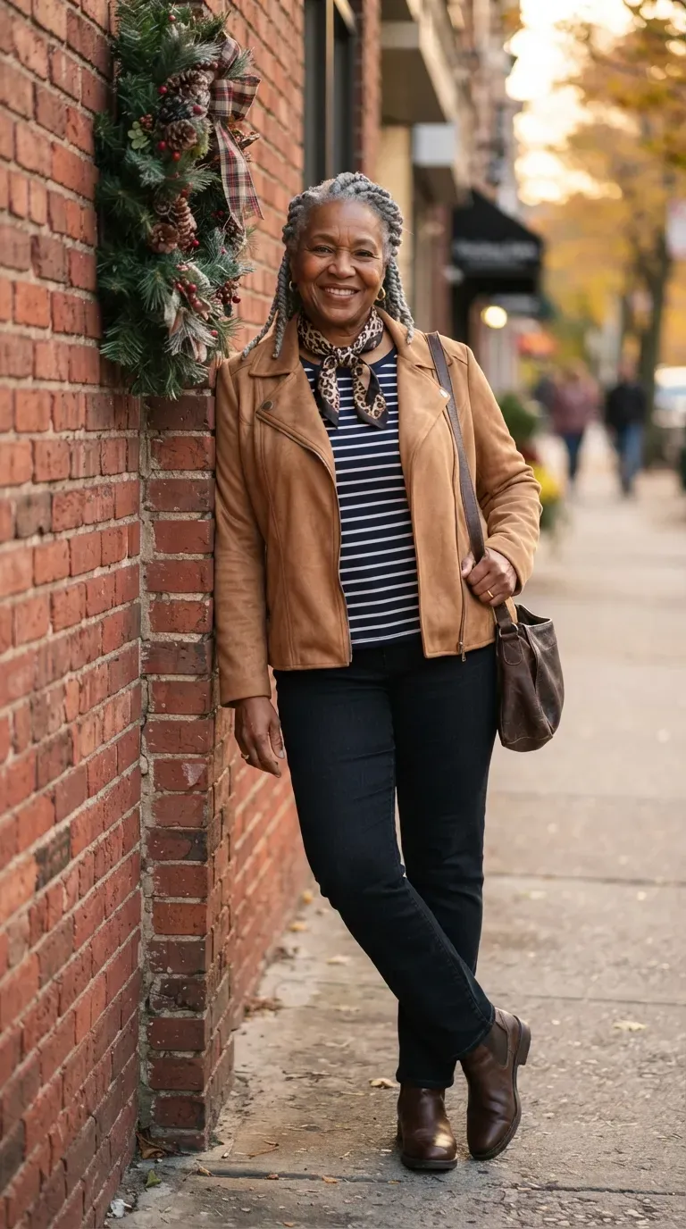 Black plus-size woman in a camel faux suede jacket, striped tee and jeans against a brick wall