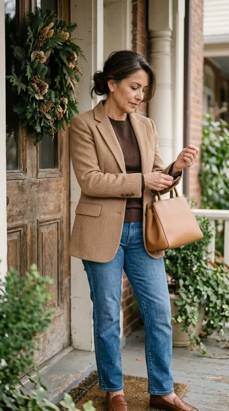 Woman over 50 in camel herringbone blazer, chocolate knit and straight jeans by a wreath door