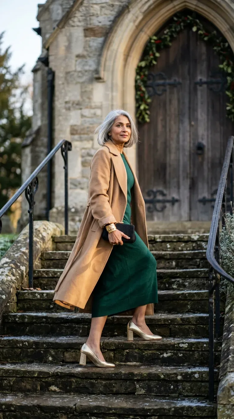 Woman over 50 in camel long coat over emerald knit dress arriving at a Christmas wedding