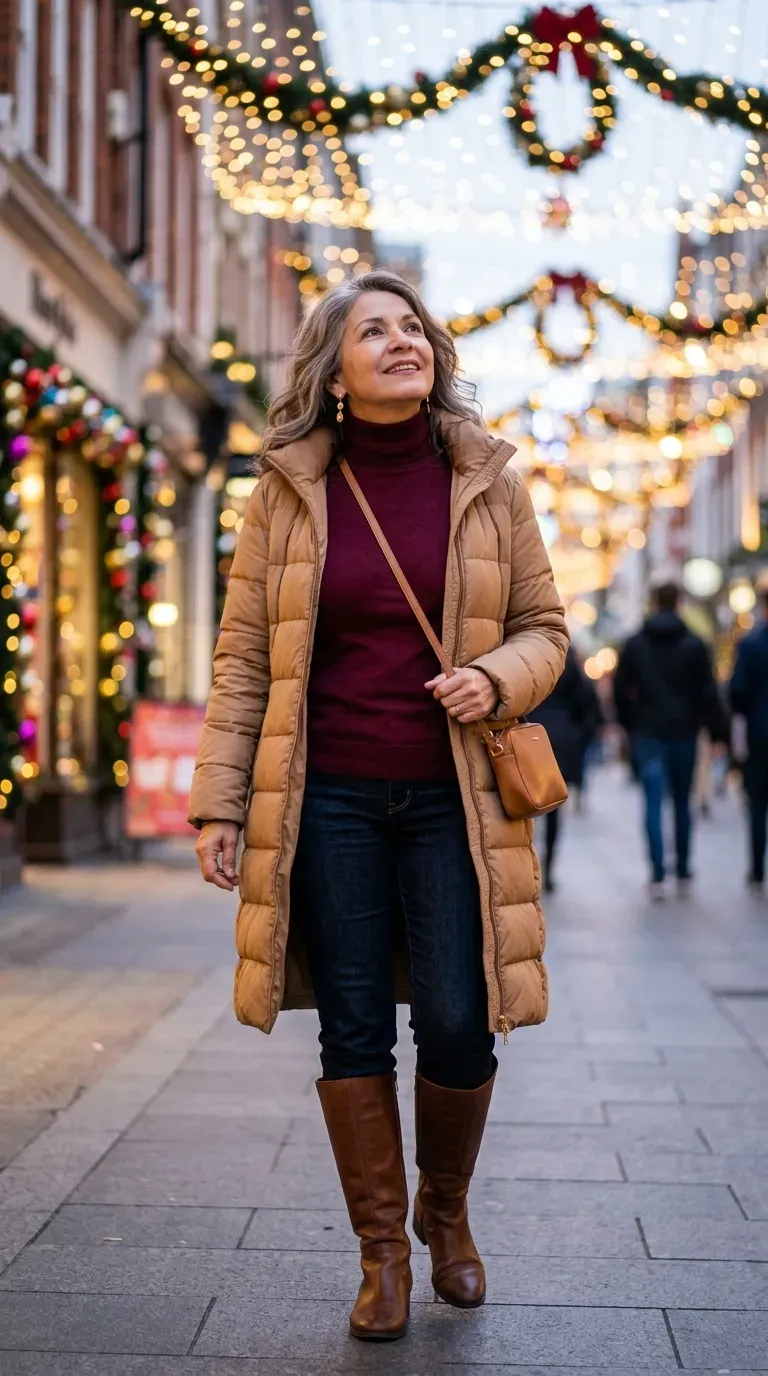 Woman over 50 in camel long puffer, burgundy turtleneck and brown boots at Christmas lights