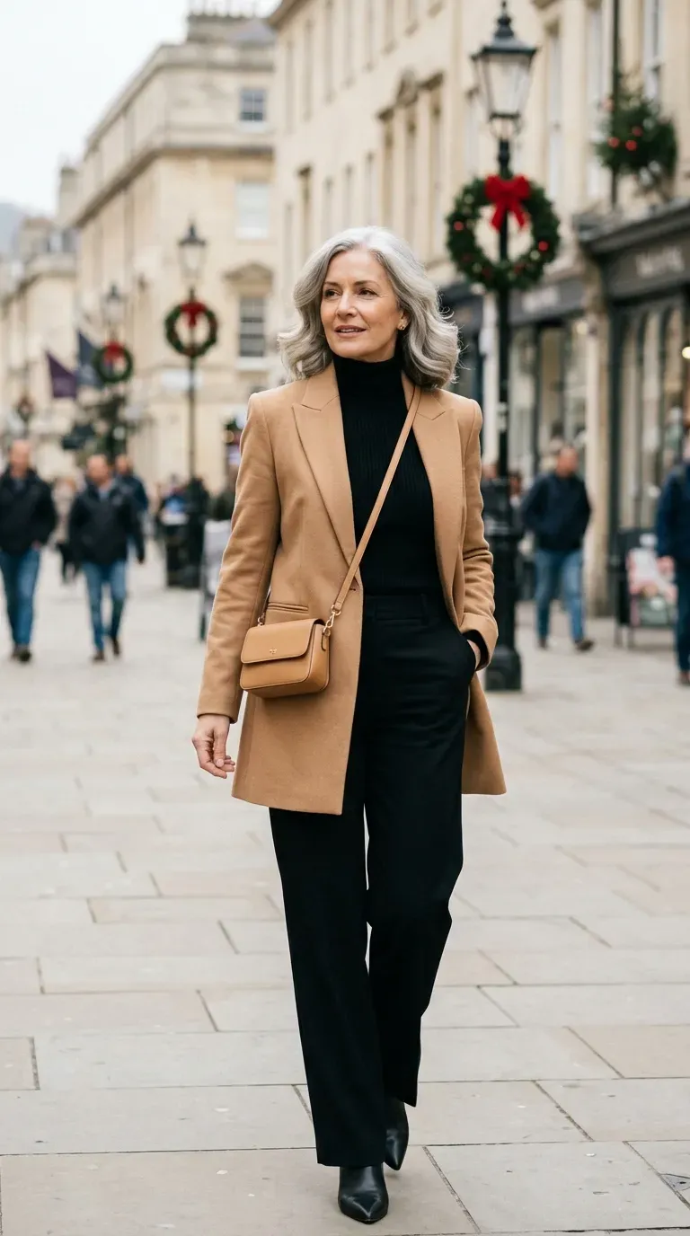 Woman over 40 in camel longline blazer and black wide-leg trousers on a winter street
