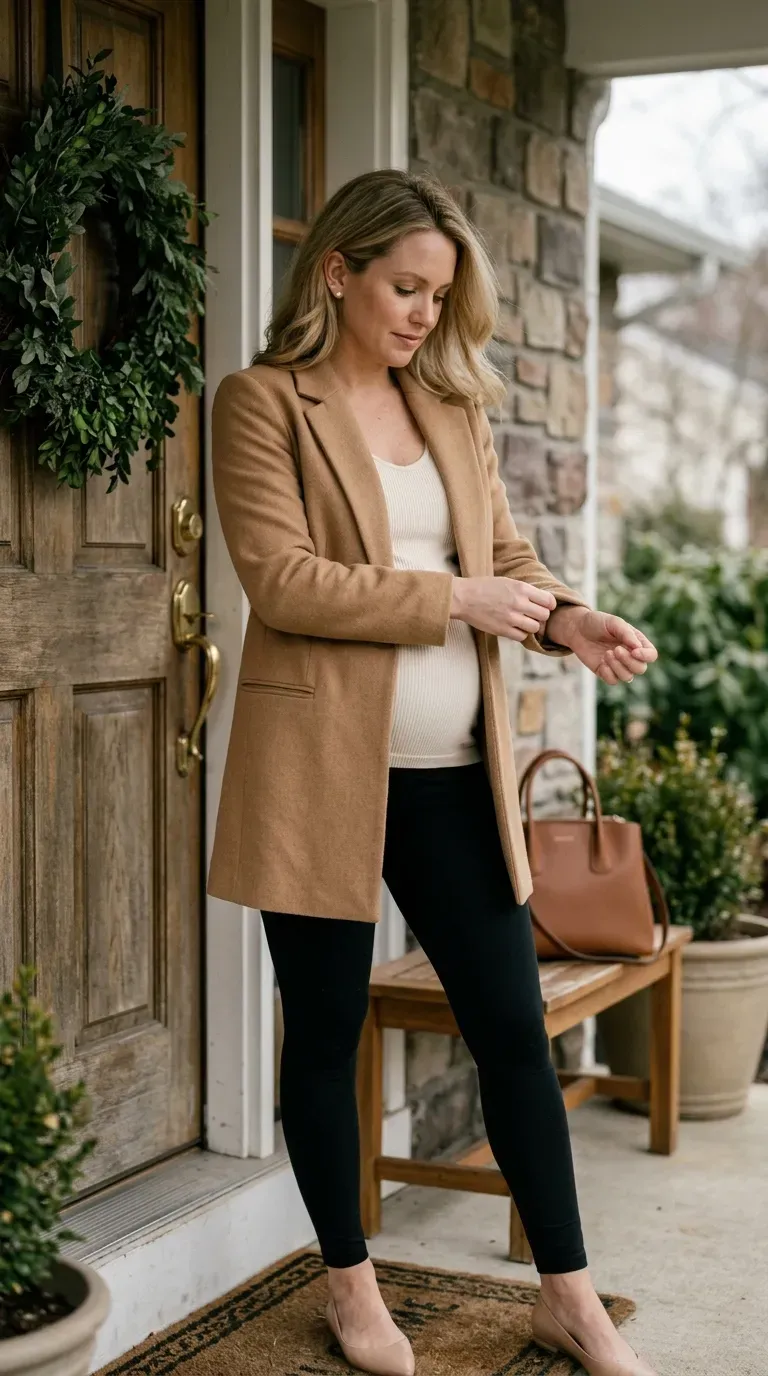 Pregnant woman in camel longline blazer, cream tank and black leggings in a holiday setting