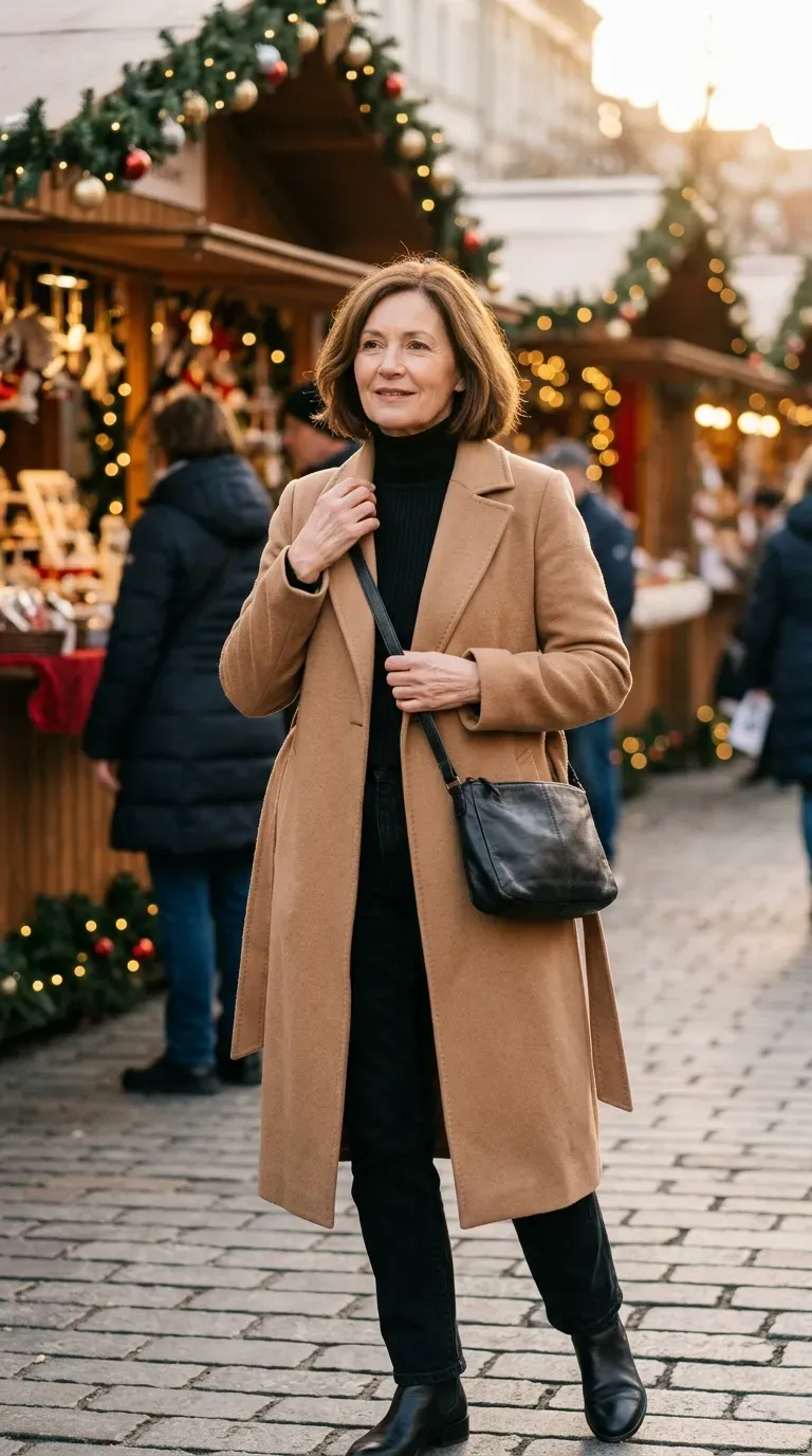 Woman over 50 in camel longline coat and black straight jeans at a Christmas market