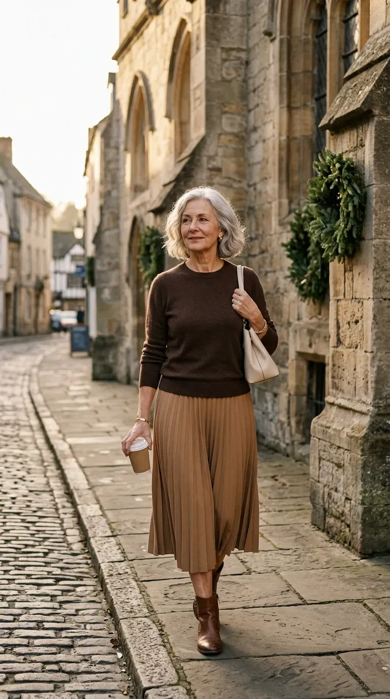 Woman in camel pleated midi skirt and brown knit on a cobbled street near a church