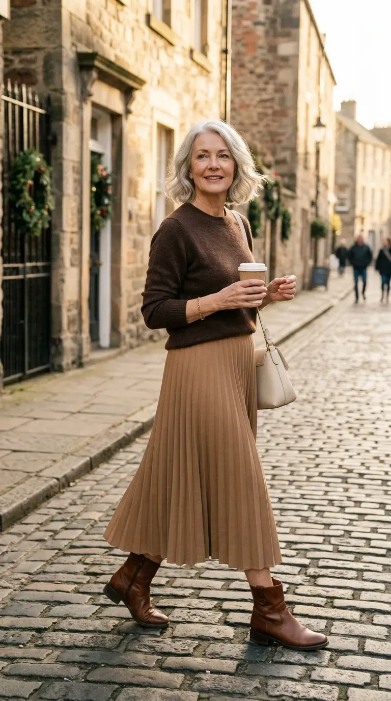 Woman in a camel pleated midi skirt and brown knit sweater on a cobbled street