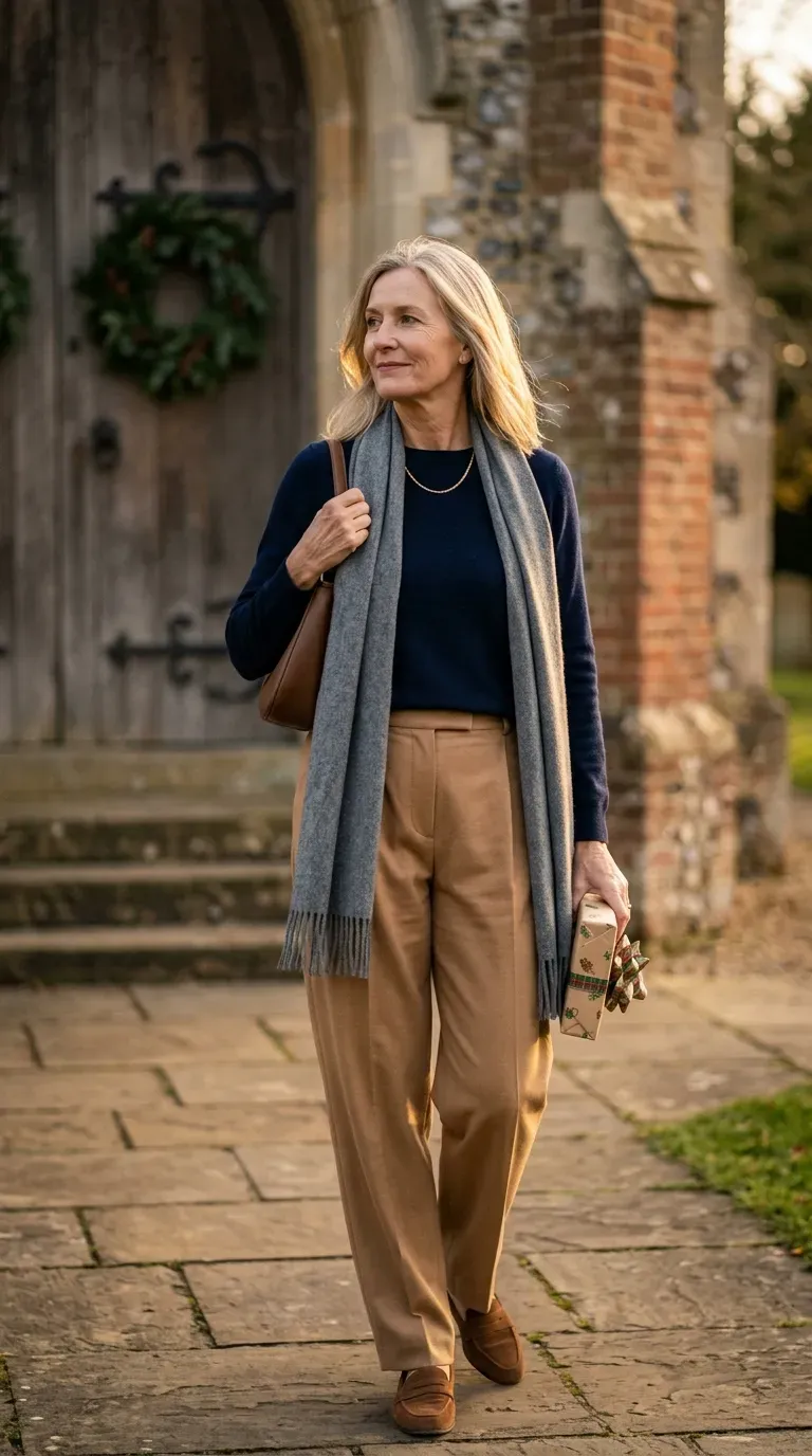 White woman in camel pleated trousers and navy knit outside a church with a wrapped gift