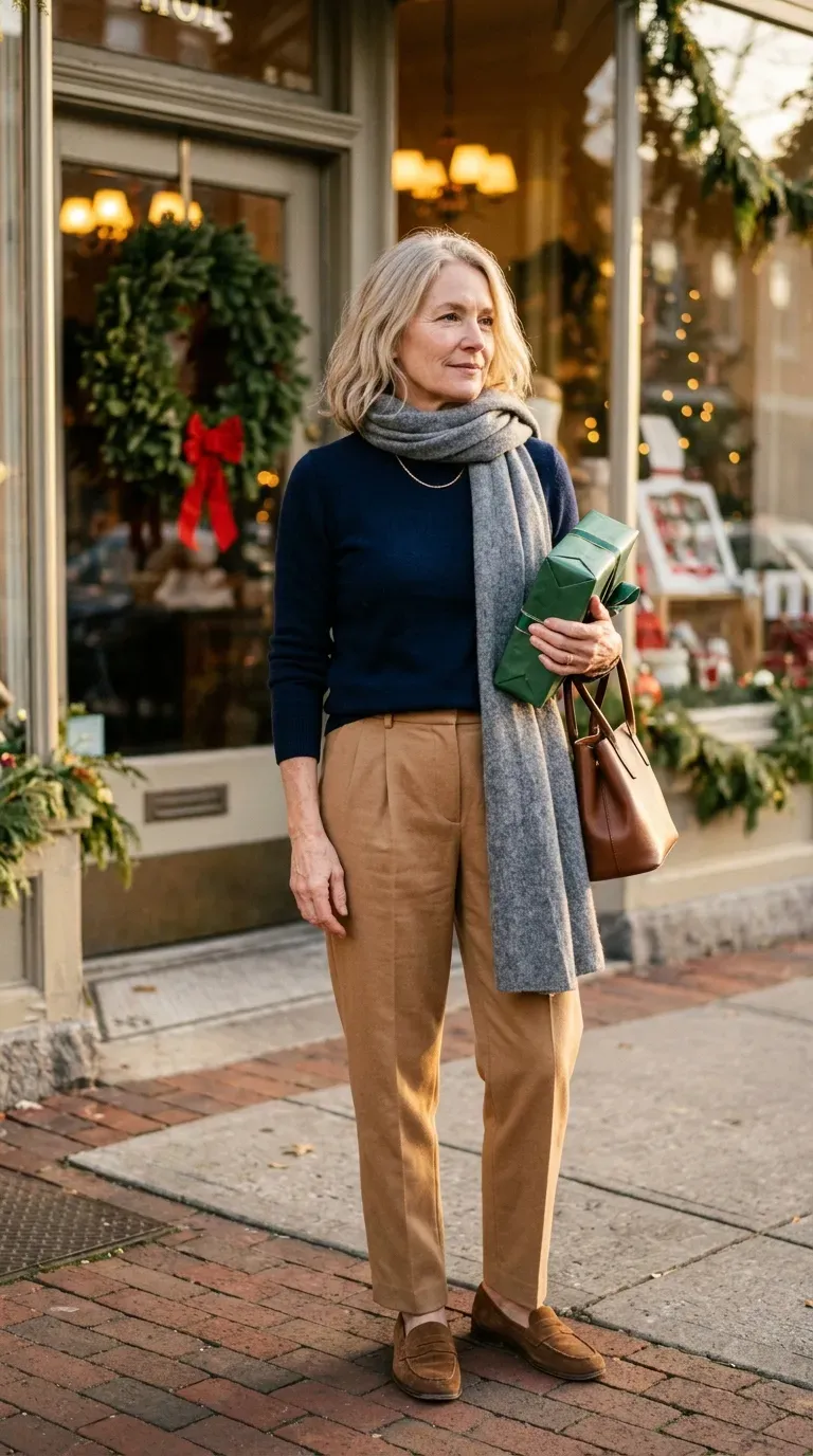 White woman in camel pleated trousers and a navy knit outside a holiday storefront
