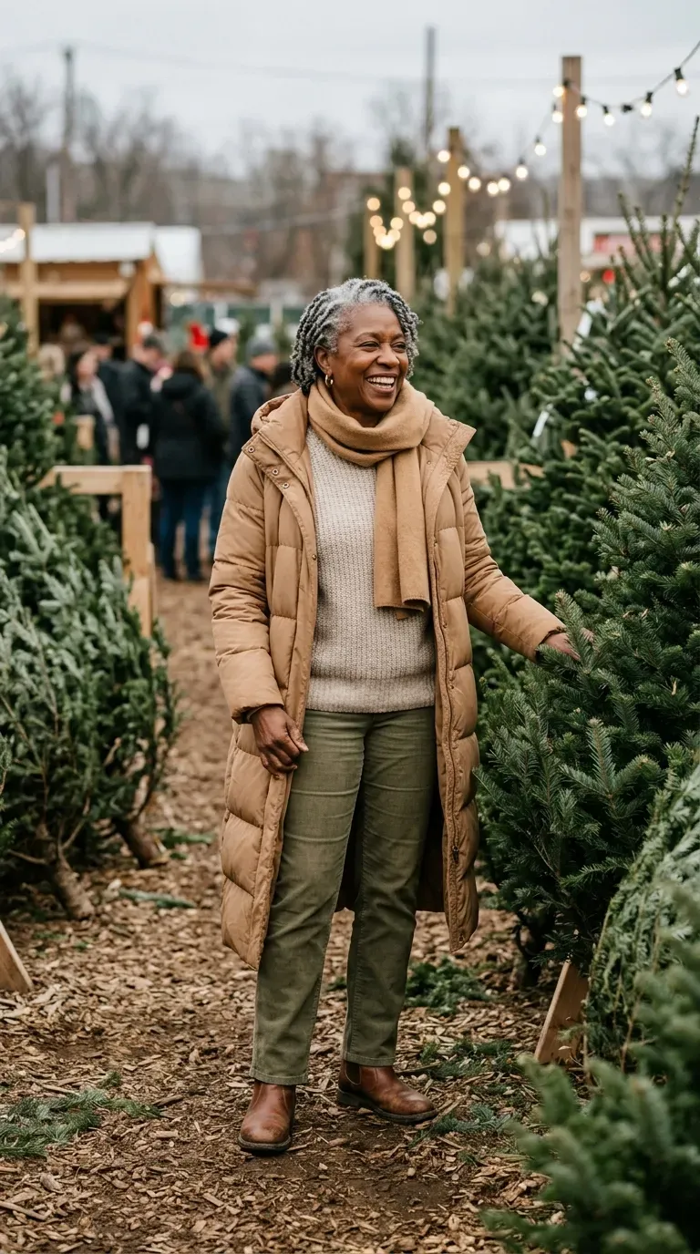 Woman over 50 in camel puffer coat, oatmeal sweater and corduroy jeans at a tree lot