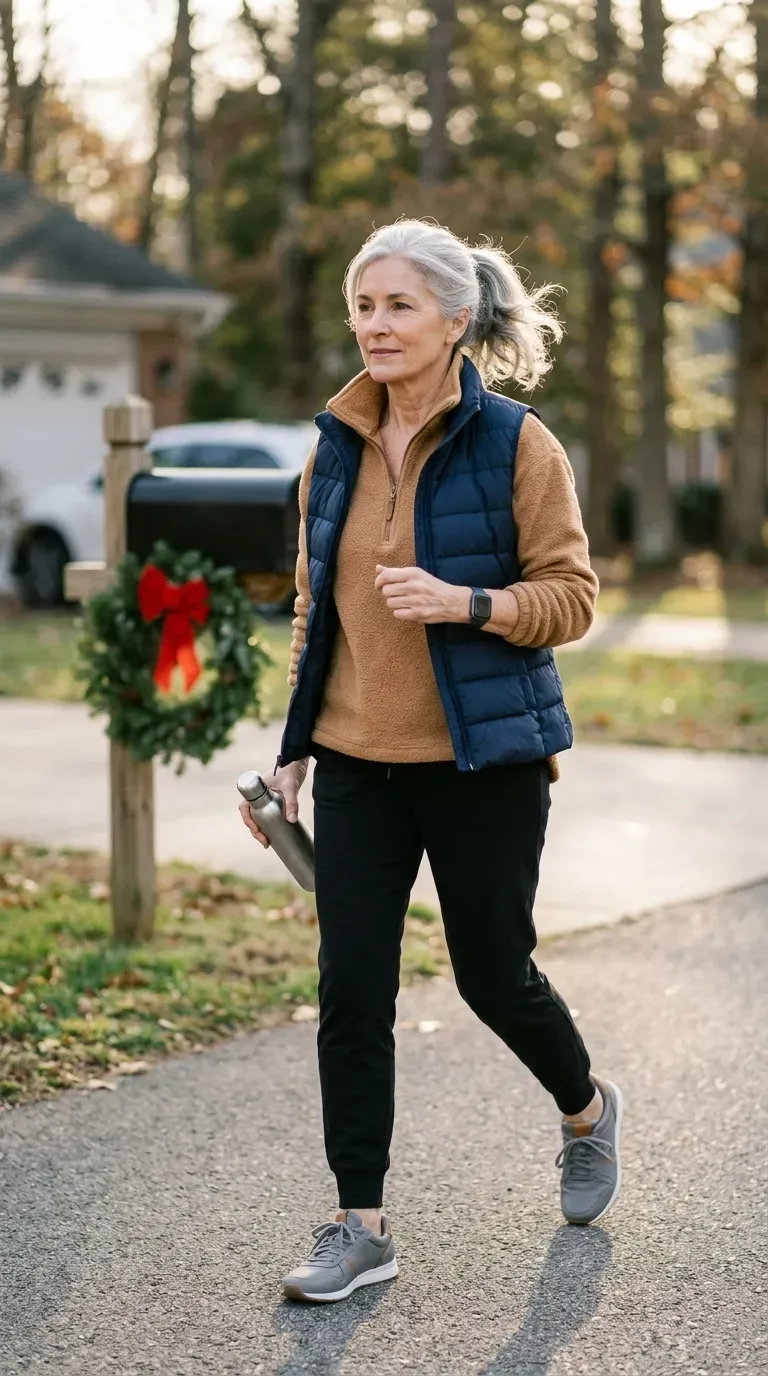Woman over 50 in camel quarter-zip pullover and black joggers on a neighborhood walk