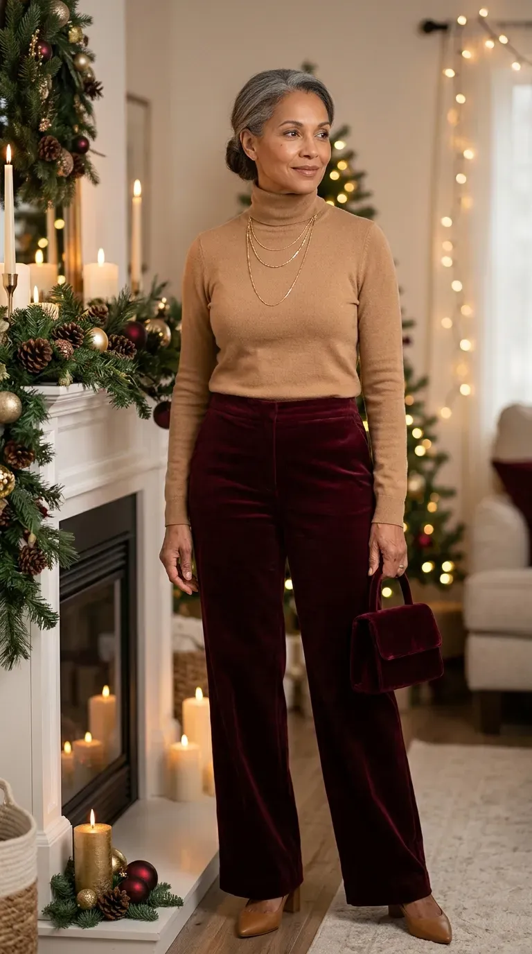 Woman over 50 in camel roll-neck and burgundy velvet wide-leg trousers at a Christmas Day celebration